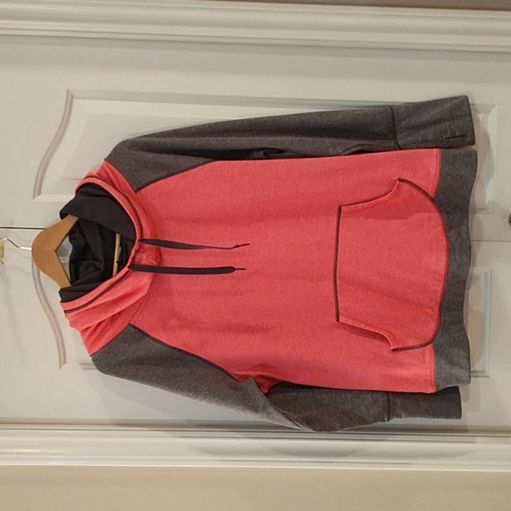 CHAMPION Unisex Cowl Neck Raglan Sleeve Pouch Pocket Coral/Gray Hoodie S…